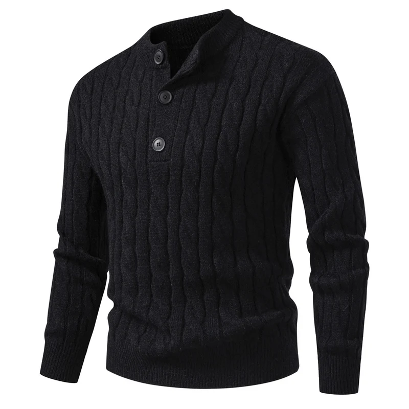 Herren Zopfmuster-Pullover mit kurzer Knopfleiste und Stehkragen Drune