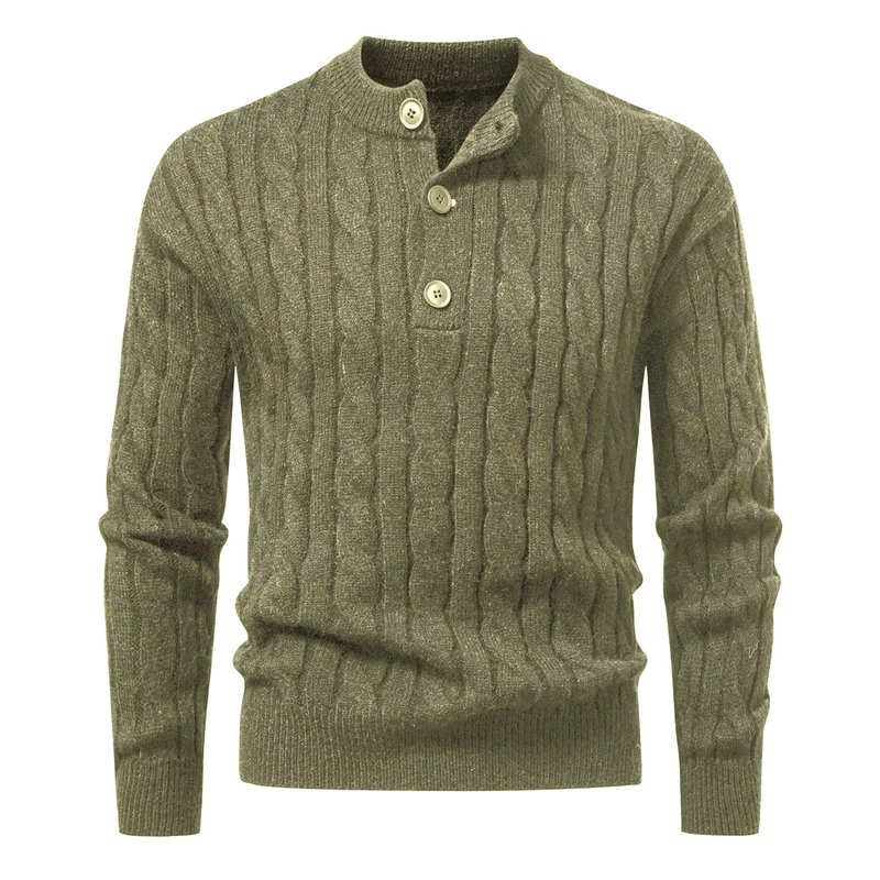 Herren Zopfmuster-Pullover mit kurzer Knopfleiste und Stehkragen Drune