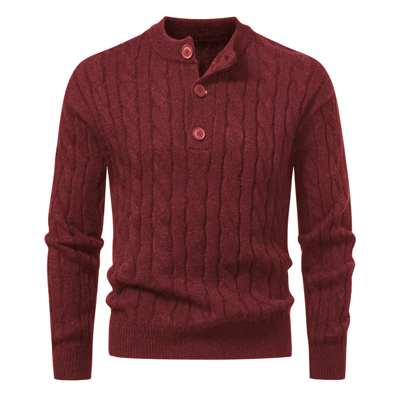 Herren Zopfmuster-Pullover mit kurzer Knopfleiste und Stehkragen Drune