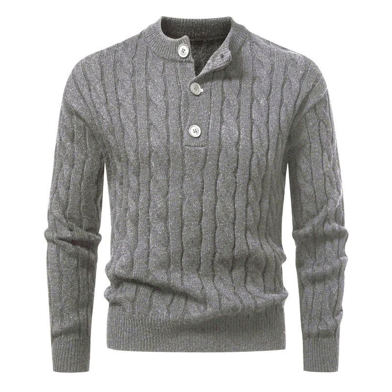 Herren Zopfmuster-Pullover mit kurzer Knopfleiste und Stehkragen Drune