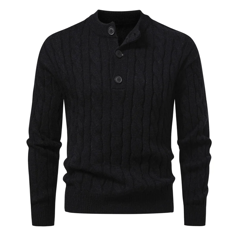 Herren Zopfmuster-Pullover mit kurzer Knopfleiste und Stehkragen Drune