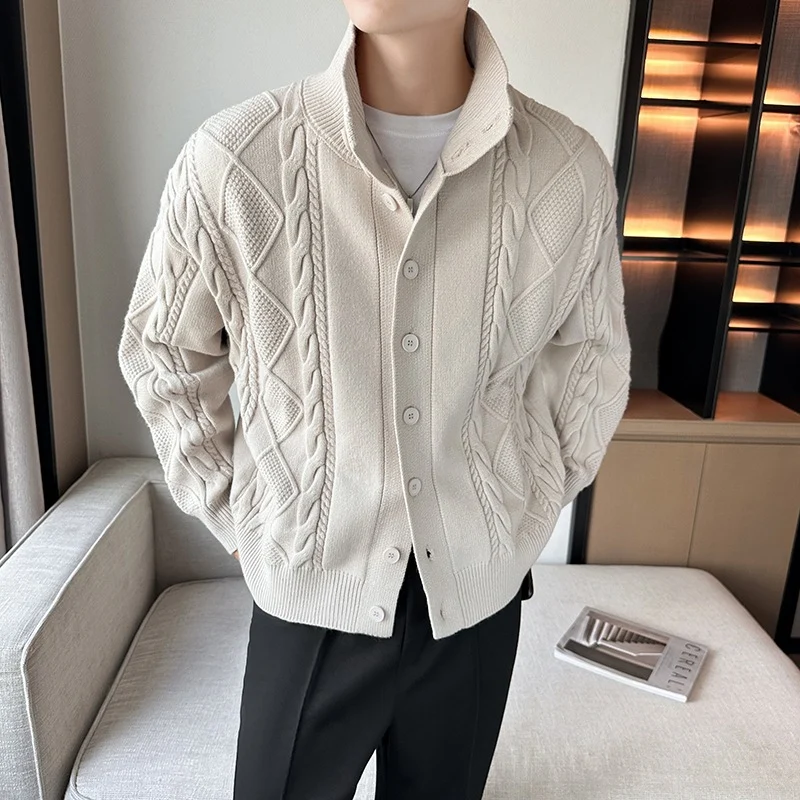 Herren Zopfmuster-Cardigan mit hohem Kragen, grober Strickoptik und durchgehender Knopfleiste Drune