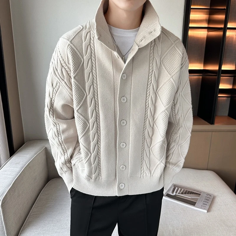Herren Zopfmuster-Cardigan mit hohem Kragen, grober Strickoptik und durchgehender Knopfleiste Drune