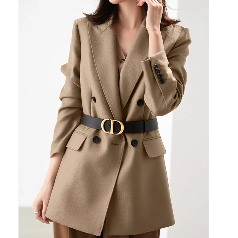 Damen Taillierter Longline-Blazer mit doppelreihiger Knopfleiste und Pattentaschen Drune