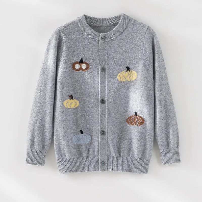 Damen Strickjacke mit Intarsia-Kürbismotiven, Rundhalsausschnitt und Knopfleiste Drune