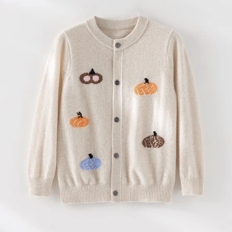 Damen Strickjacke mit Intarsia-Kürbismotiven, Rundhalsausschnitt und Knopfleiste Drune