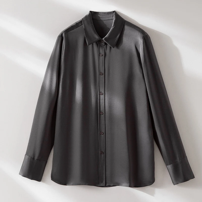 Damen Seidenähnliche Bluse mit klassischem Hemdkragen, durchgehender Knopfleiste und verlängerten Manschetten Drune
