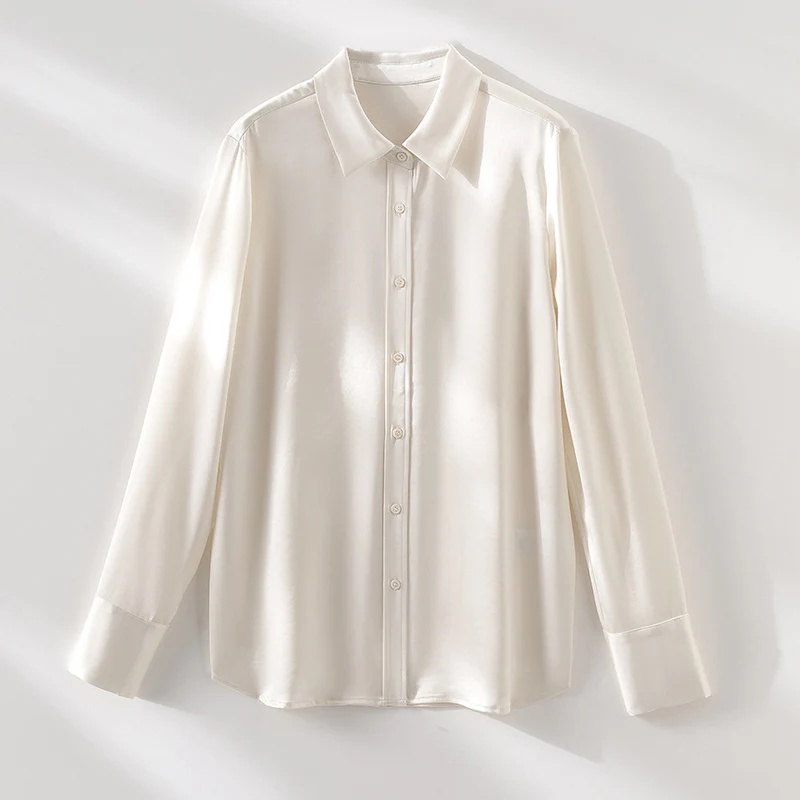 Damen Seidenähnliche Bluse mit klassischem Hemdkragen, durchgehender Knopfleiste und verlängerten Manschetten Drune