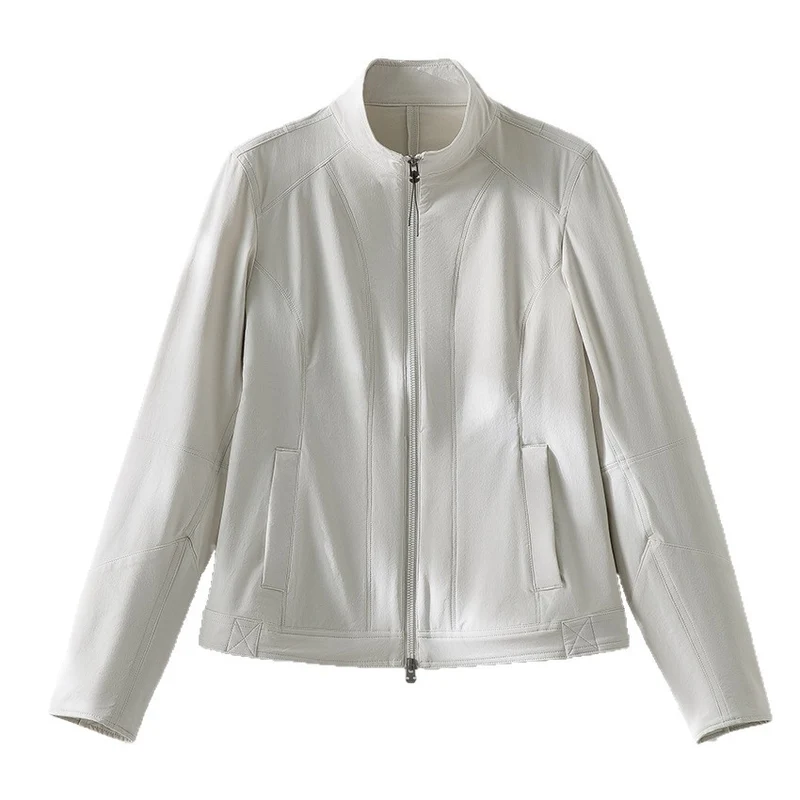 Damen schlichte taillierte Lederjacke mit Stehkragen und Zwei-Wege-Reißverschluss Drune