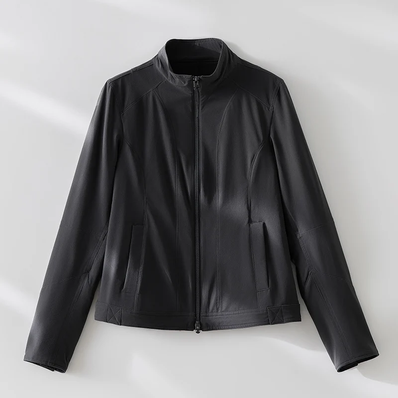 Damen schlichte taillierte Lederjacke mit Stehkragen und Zwei-Wege-Reißverschluss Drune