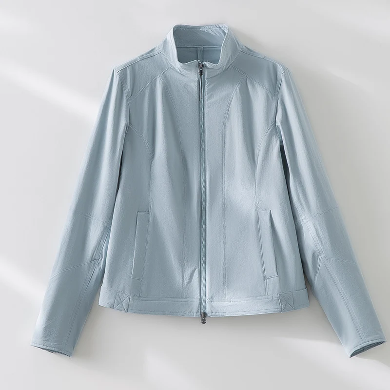 Damen schlichte taillierte Lederjacke mit Stehkragen und Zwei-Wege-Reißverschluss Drune