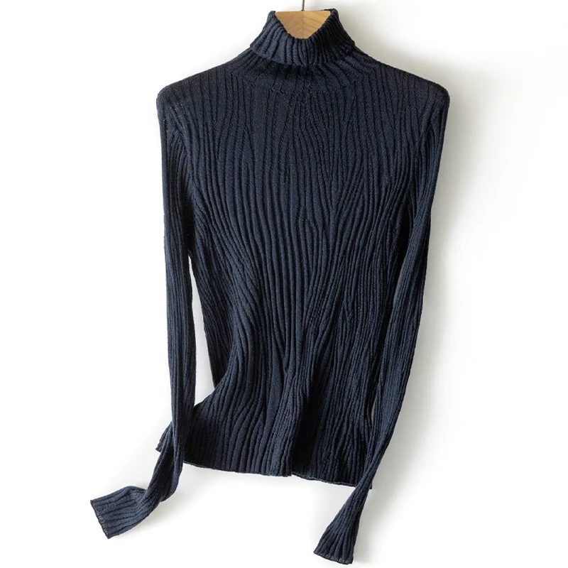 Damen Schlanker Feinstrick-Rollkragenpullover mit wellenförmiger Rippstruktur Drune