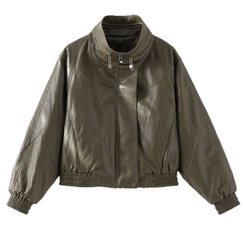 Damen Oversized Lederimitat-Bomberjacke mit Stehkragen und elastischem Saum Drune