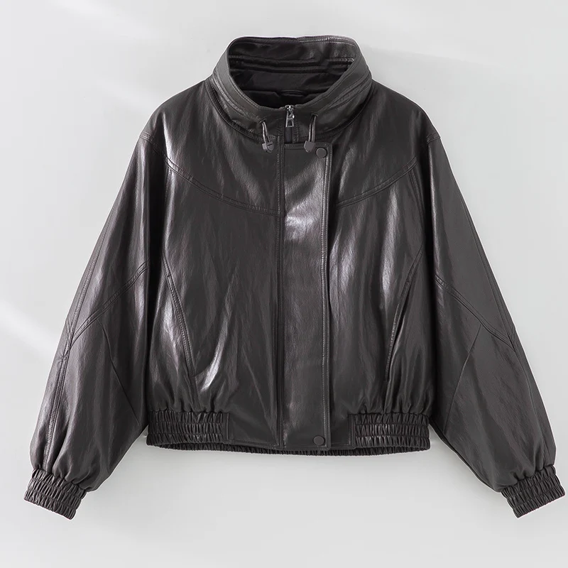 Damen Oversized Lederimitat-Bomberjacke mit Stehkragen und elastischem Saum Drune