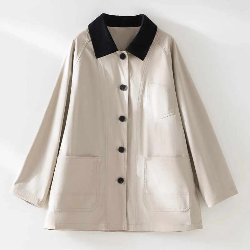 Damen Oversized Baumwoll-Utility-Jacke mit Kontrastkragen und aufgesetzten Taschen Drune