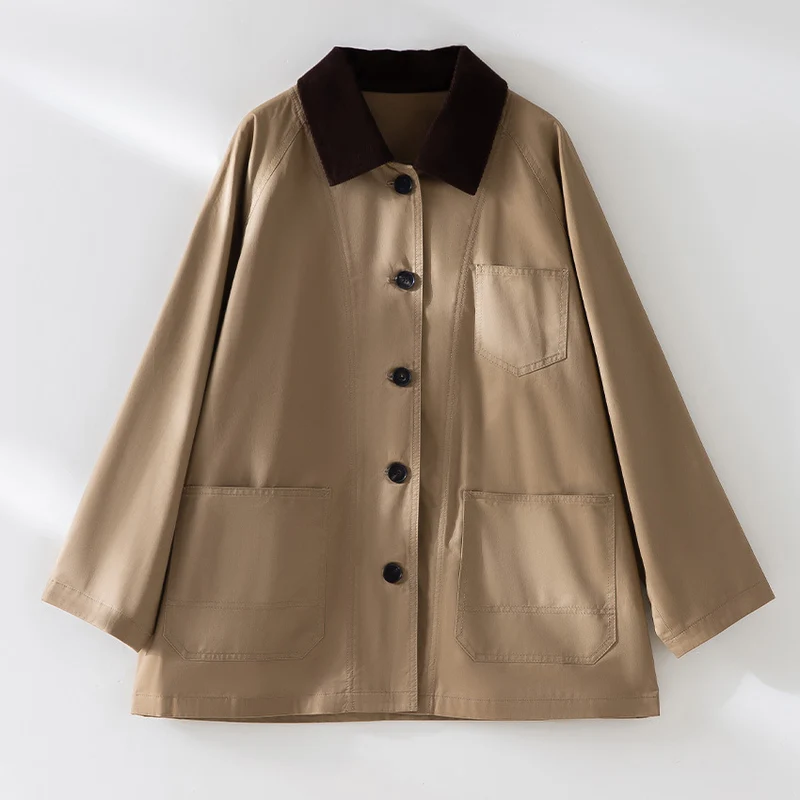 Damen Oversized Baumwoll-Utility-Jacke mit Kontrastkragen und aufgesetzten Taschen Drune