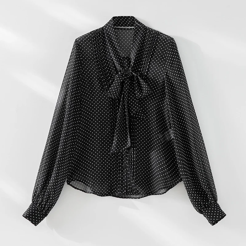 Damen Luftige Polka‑Dot Schlaufenbluse mit Schleifenkragen, Plissée‑Vorderteil und Manschettenärmel Drune