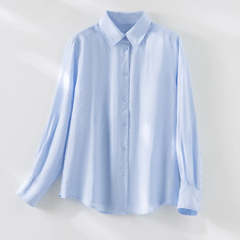 Damen Locker fallende Leinenmix-Bluse mit Hemdkragen und Manschetten Drune