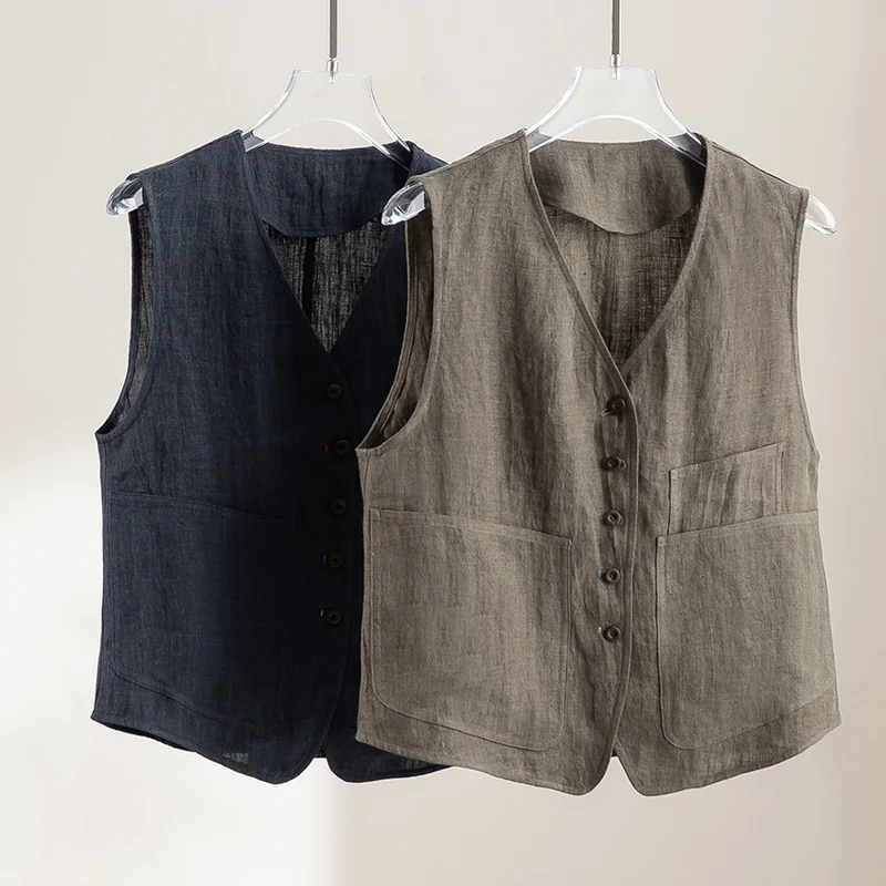 Damen Leinenweste mit V‑Ausschnitt, aufgesetzten Taschen und entspannter Passform Drune