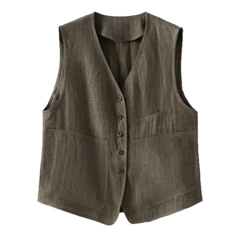 Damen Leinenweste mit V‑Ausschnitt, aufgesetzten Taschen und entspannter Passform Drune