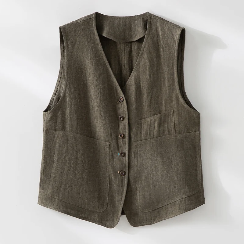 Damen Leinenweste mit V‑Ausschnitt, aufgesetzten Taschen und entspannter Passform Drune