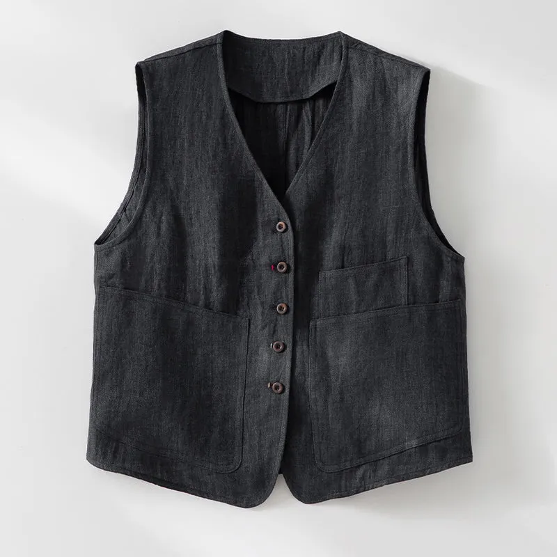 Damen Leinenweste mit V‑Ausschnitt, aufgesetzten Taschen und entspannter Passform Drune