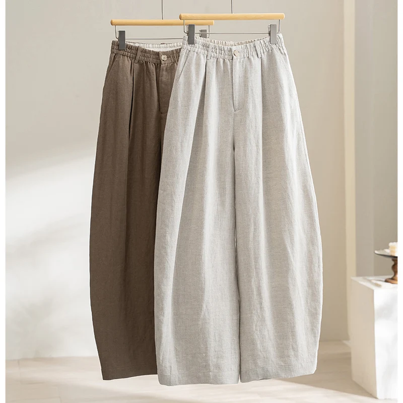 Damen Leinenmix Palazzo-Hose mit hohem Bund, elastischem Einsatz und Eingrifftaschen Drune