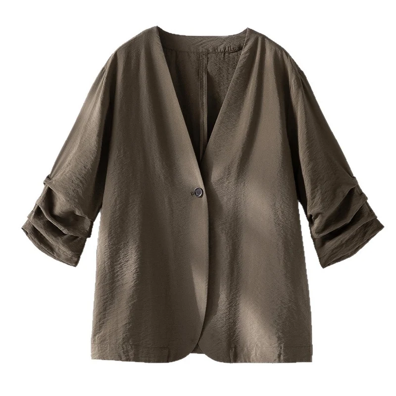 Damen Leichter Oversize-Blazer mit V-Ausschnitt, Ein-Knopf-Verschluss und gerafften Dreiviertelärmeln Drune