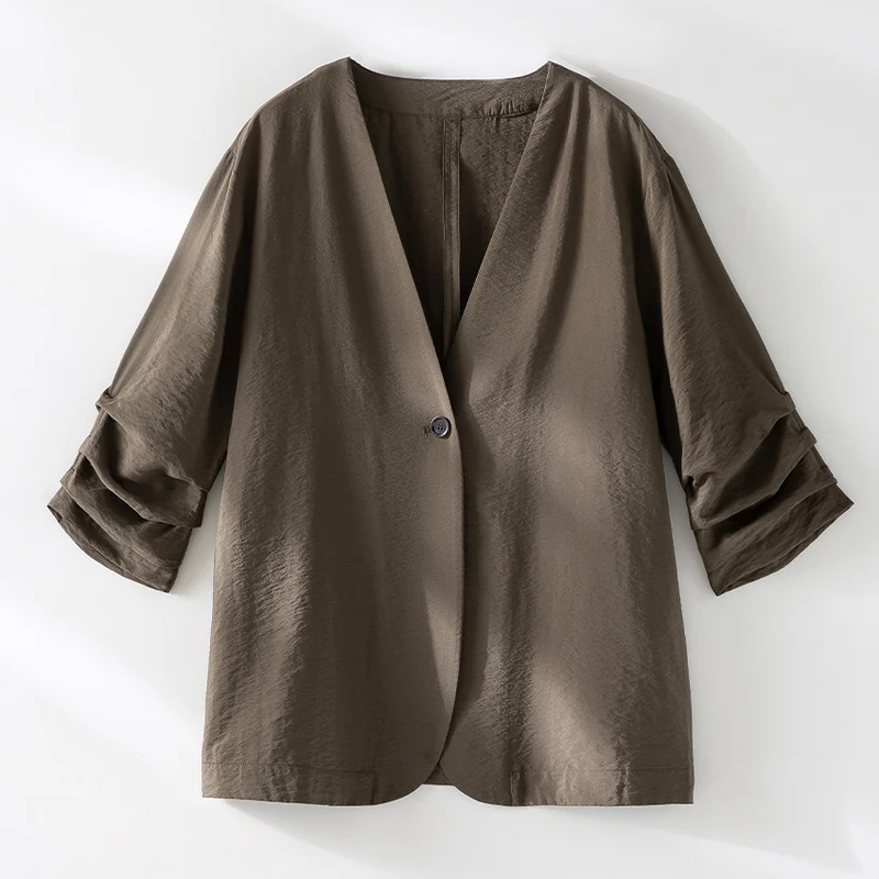 Damen Leichter Oversize-Blazer mit V-Ausschnitt, Ein-Knopf-Verschluss und gerafften Dreiviertelärmeln Drune