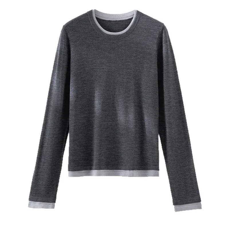 Damen Leichter Feinstrick-Langarmpullover mit Kontrastbündchen und Rundhalsausschnitt Drune