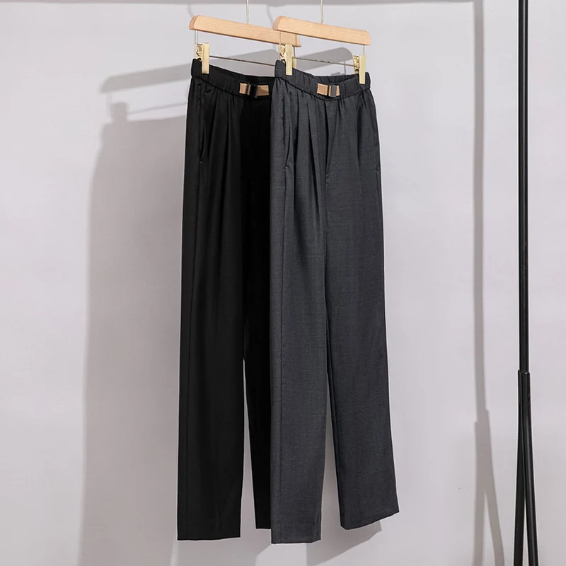 Damen Leichte Stoffhose mit elastischem Bund, Bundfalten und geradem Bein Drune
