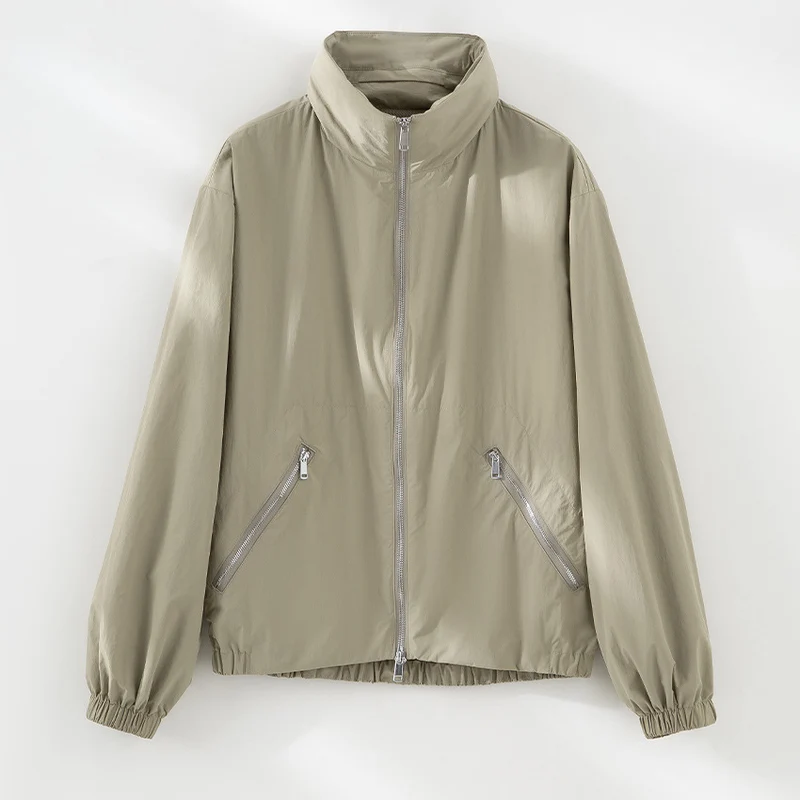 Damen Leichte Nylon-Utility-Jacke mit Stehkragen, Reißverschlusstaschen und elastischem Saum Drune
