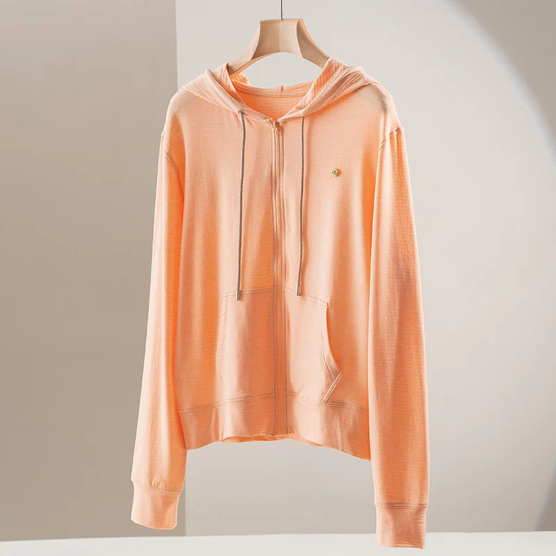 Damen leichte Kapuzen-Sweatjacke aus Slub-Jersey mit durchgehendem Reißverschluss und Kängurutaschen Drune
