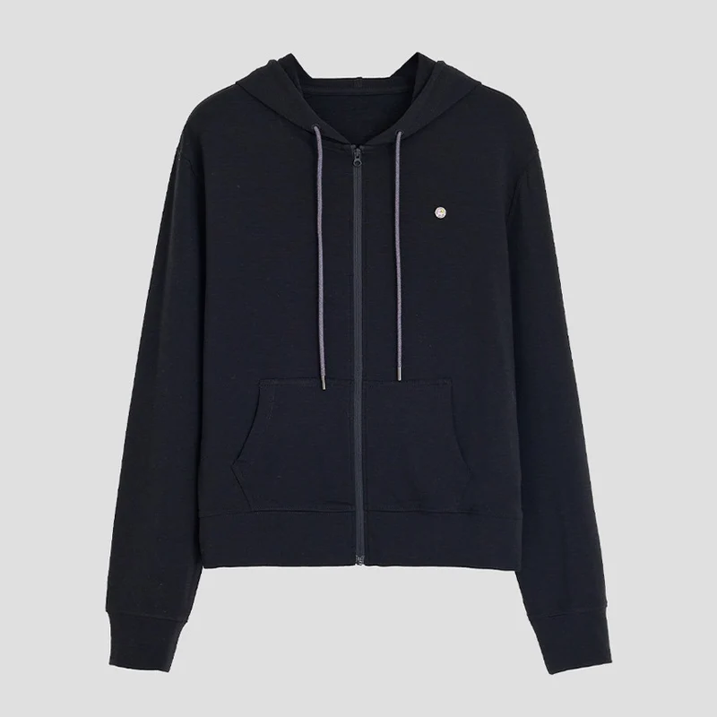 Damen leichte Kapuzen-Sweatjacke aus Slub-Jersey mit durchgehendem Reißverschluss und Kängurutaschen Drune