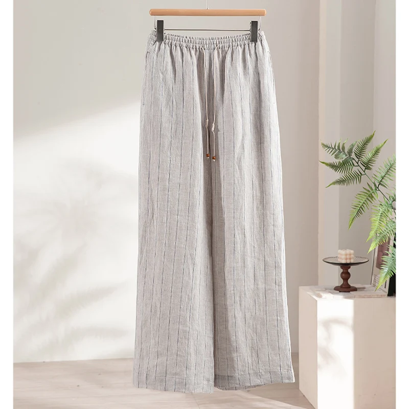 Damen Leichte Hochbund-Loungehose aus Leinenmix mit Tunnelzug und Nadelstreifen-Optik Drune
