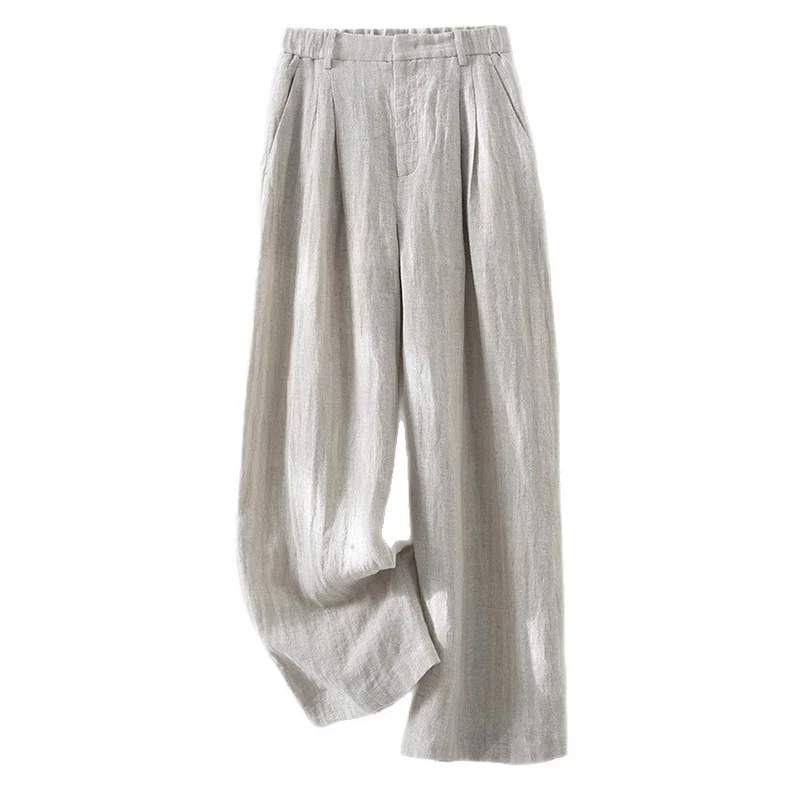 Damen Leichte High‑Waist Leinenmix Palazzohose mit weitem Bein, Bundfalten und elastischem Rückenteil Drune