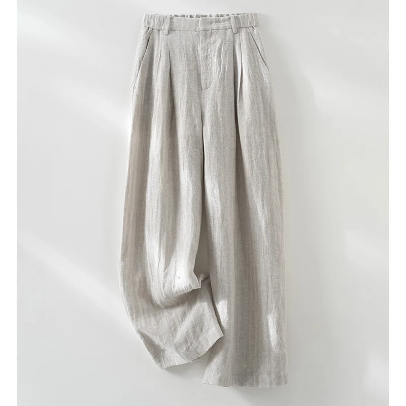 Damen Leichte High‑Waist Leinenmix Palazzohose mit weitem Bein, Bundfalten und elastischem Rückenteil Drune