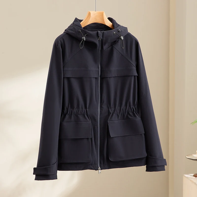Damen Leichte Funktions-Utility-Jacke mit Kapuze, Kordelzug-Taille und aufgesetzten Klappentaschen Drune