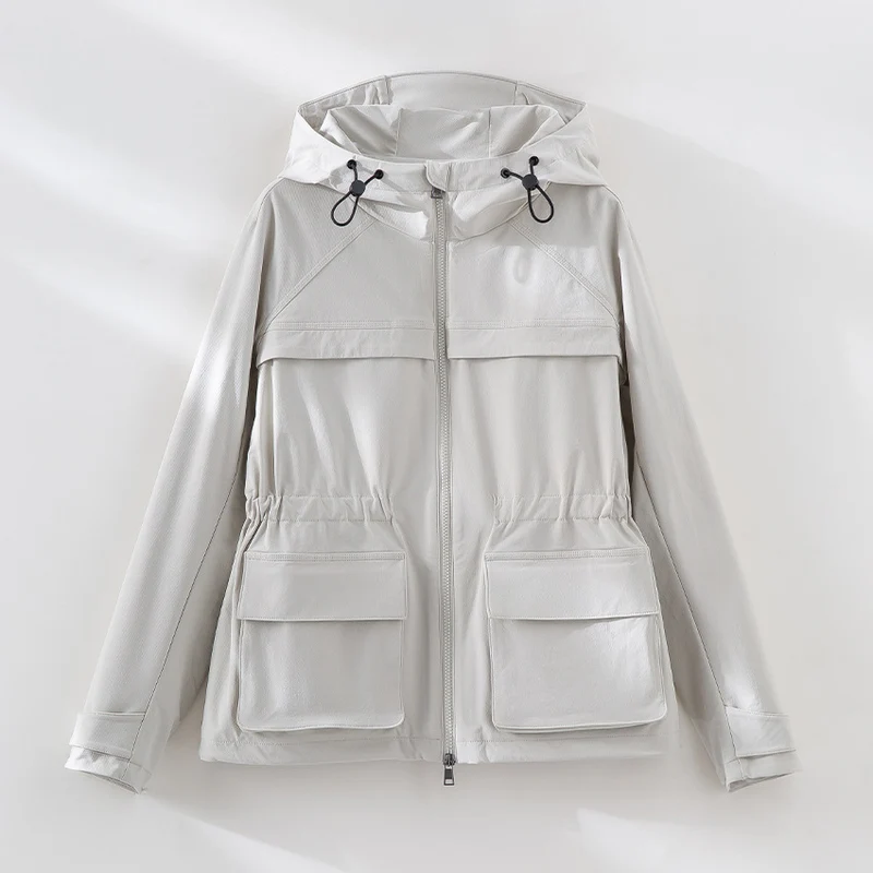 Damen Leichte Funktions-Utility-Jacke mit Kapuze, Kordelzug-Taille und aufgesetzten Klappentaschen Drune