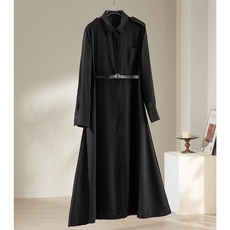 Damen Langes Hemdblusenkleid mit Taillengürtel, Schulterklappen und durchgehender Knopfleiste Drune