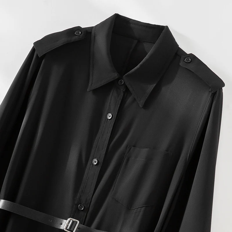 Damen Langes Hemdblusenkleid mit Taillengürtel, Schulterklappen und durchgehender Knopfleiste Drune