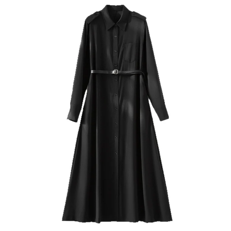 Damen Langes Hemdblusenkleid mit Taillengürtel, Schulterklappen und durchgehender Knopfleiste Drune