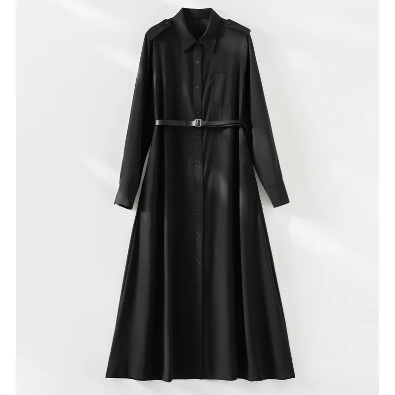 Damen Langes Hemdblusenkleid mit Taillengürtel, Schulterklappen und durchgehender Knopfleiste Drune