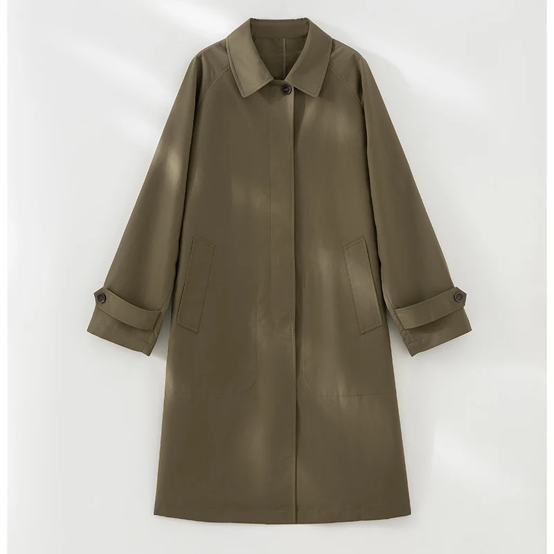 Damen Langer minimalistischer Trenchcoat mit verdeckter Knopfleiste und verstellbaren Manschetten Drune