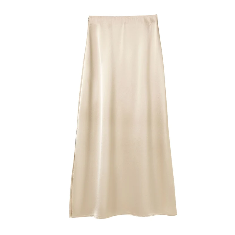 Damen Langer eleganter Satin-Biaisrock mit hohem Bund und fließender Silhouette Drune