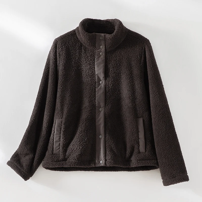 Damen kuschelige Teddy-Fleecejacke mit Stehkragen, Druckknopf-Leiste und kontrastierten Tascheneinfassungen Drune
