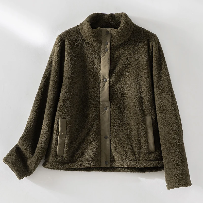 Damen kuschelige Teddy-Fleecejacke mit Stehkragen, Druckknopf-Leiste und kontrastierten Tascheneinfassungen Drune