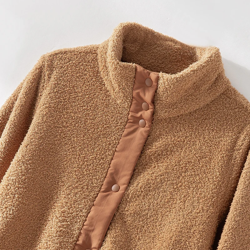 Damen kuschelige Teddy-Fleecejacke mit Stehkragen, Druckknopf-Leiste und kontrastierten Tascheneinfassungen Drune
