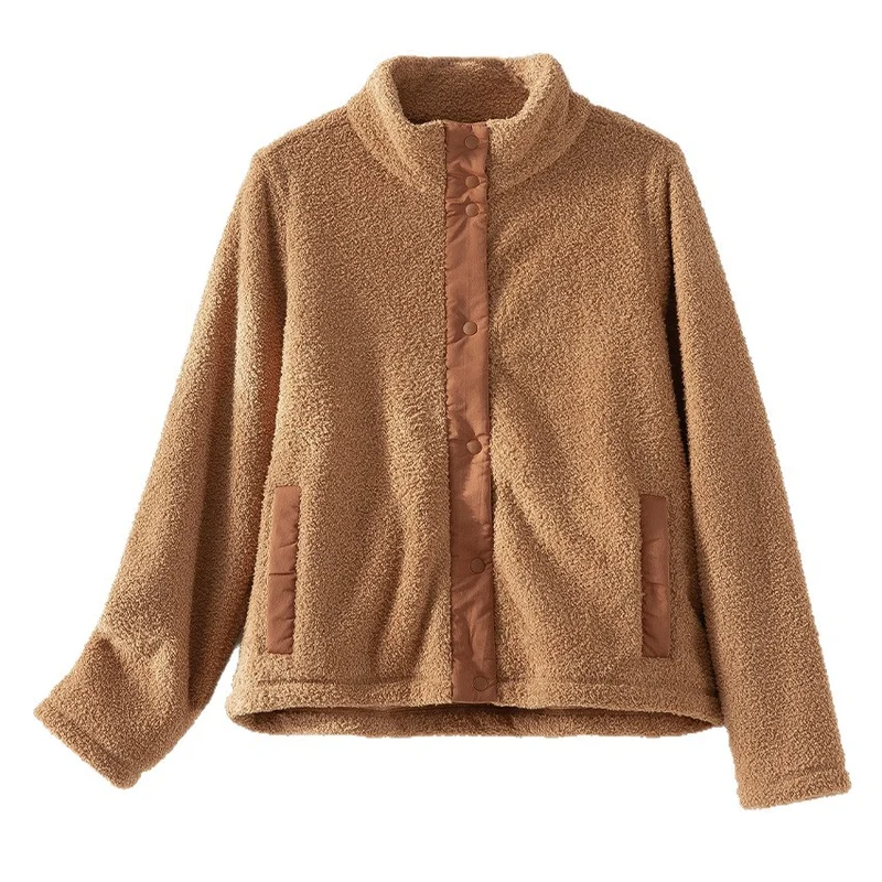 Damen kuschelige Teddy-Fleecejacke mit Stehkragen, Druckknopf-Leiste und kontrastierten Tascheneinfassungen Drune