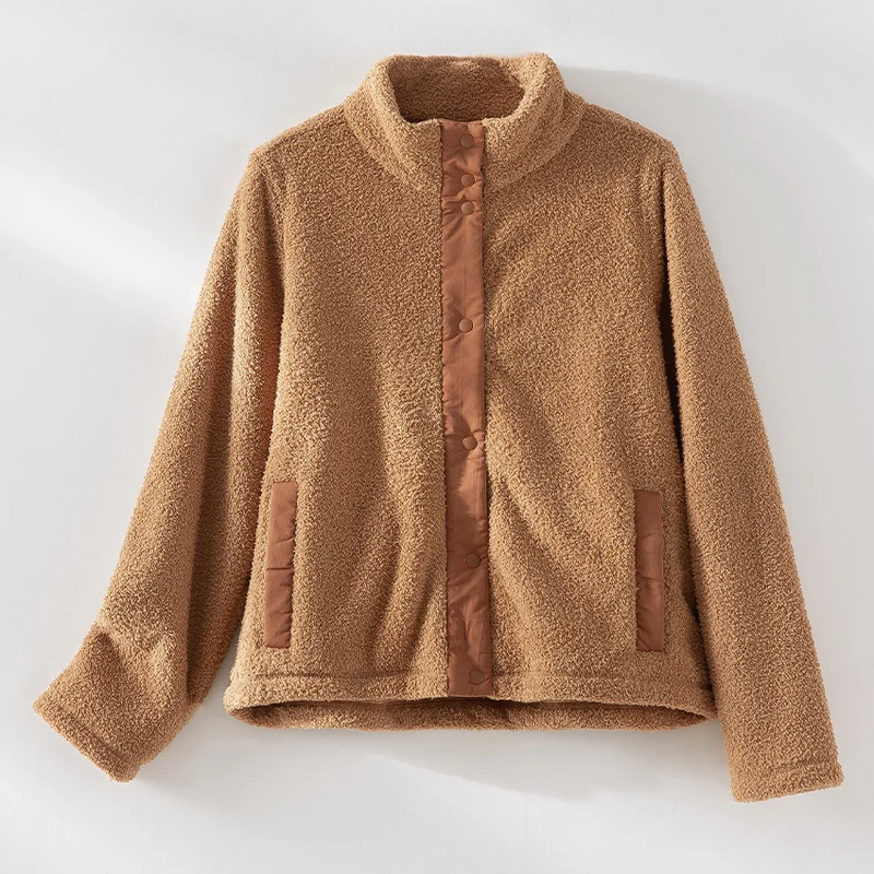 Damen kuschelige Teddy-Fleecejacke mit Stehkragen, Druckknopf-Leiste und kontrastierten Tascheneinfassungen Drune